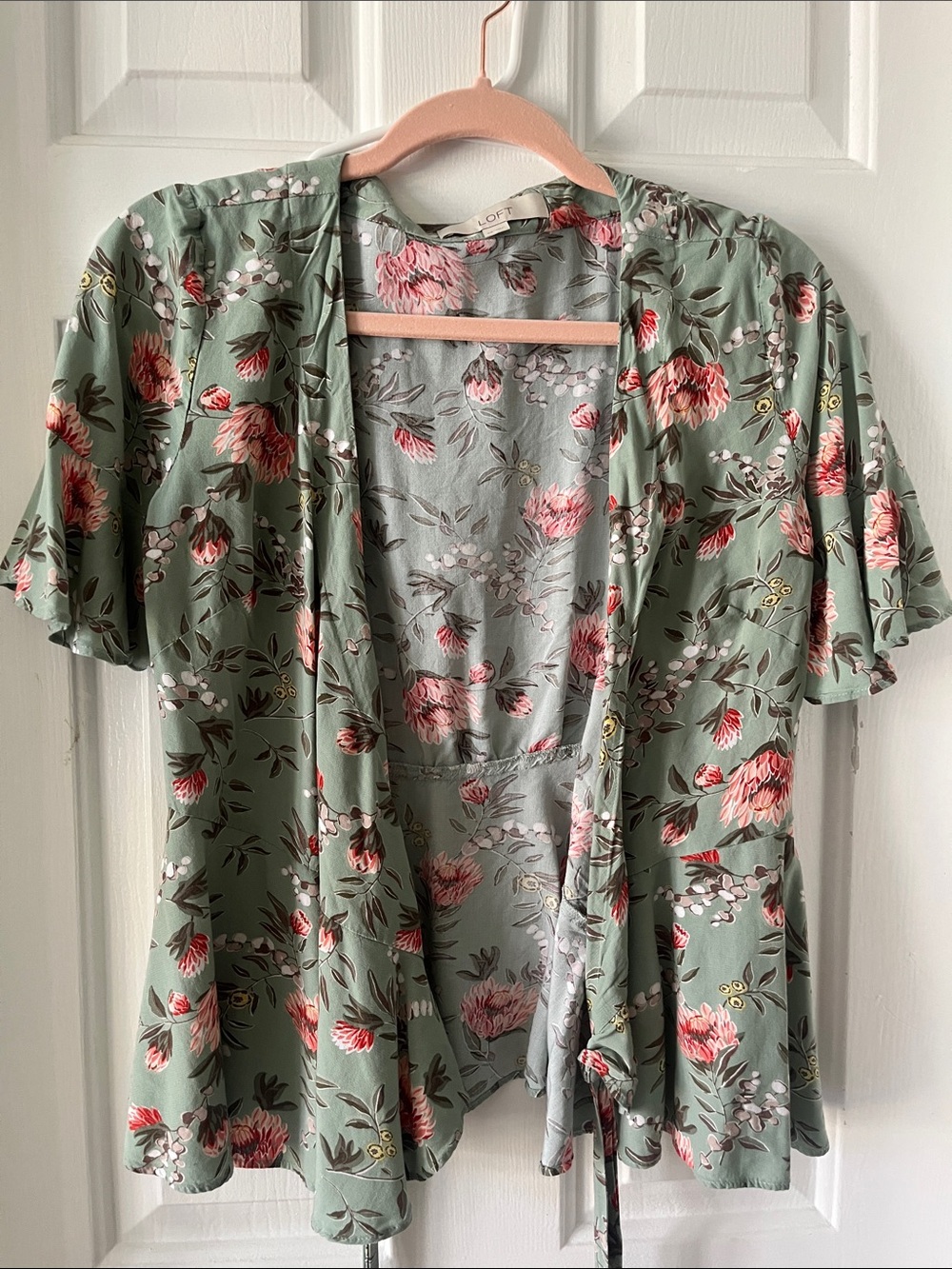 LOFT Sage Green Floral Tie-Front Flutter Sleeve Top